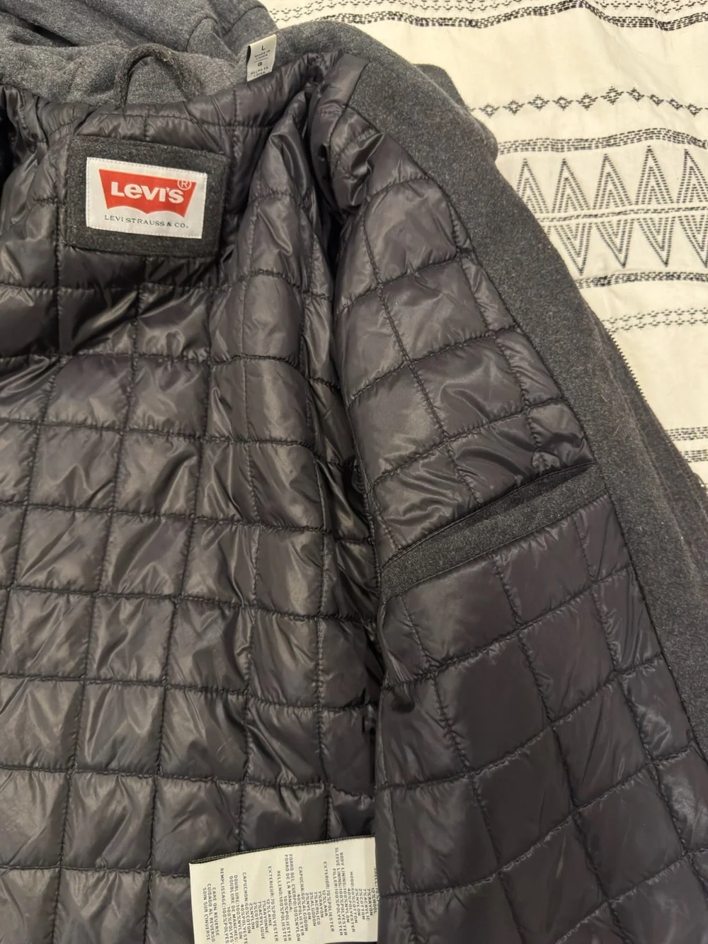 Levi’s Mens Wool Blend Quilted Lined Hooded Military Field Jacket Charcoal Large